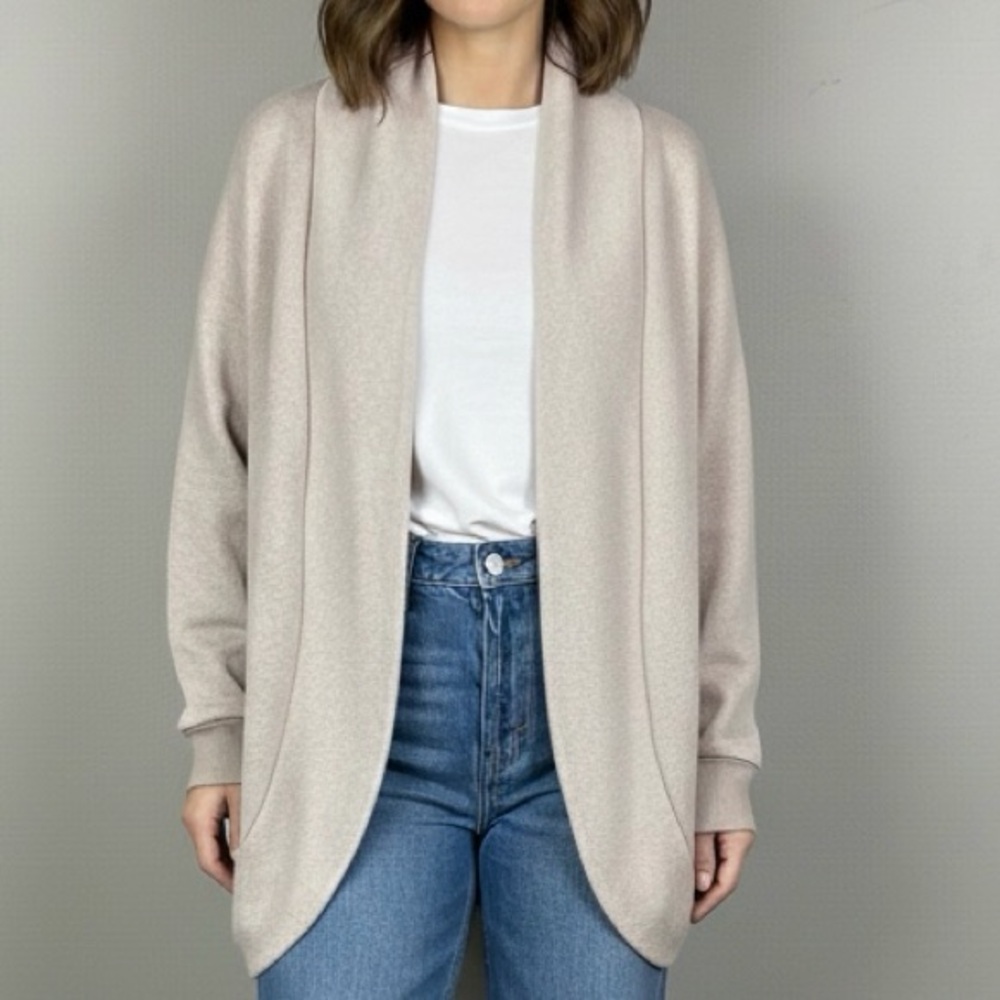 Sugar High Oatmeal Beige Tan Open Front Drape Cardigan Sweater Minimalist M EUC